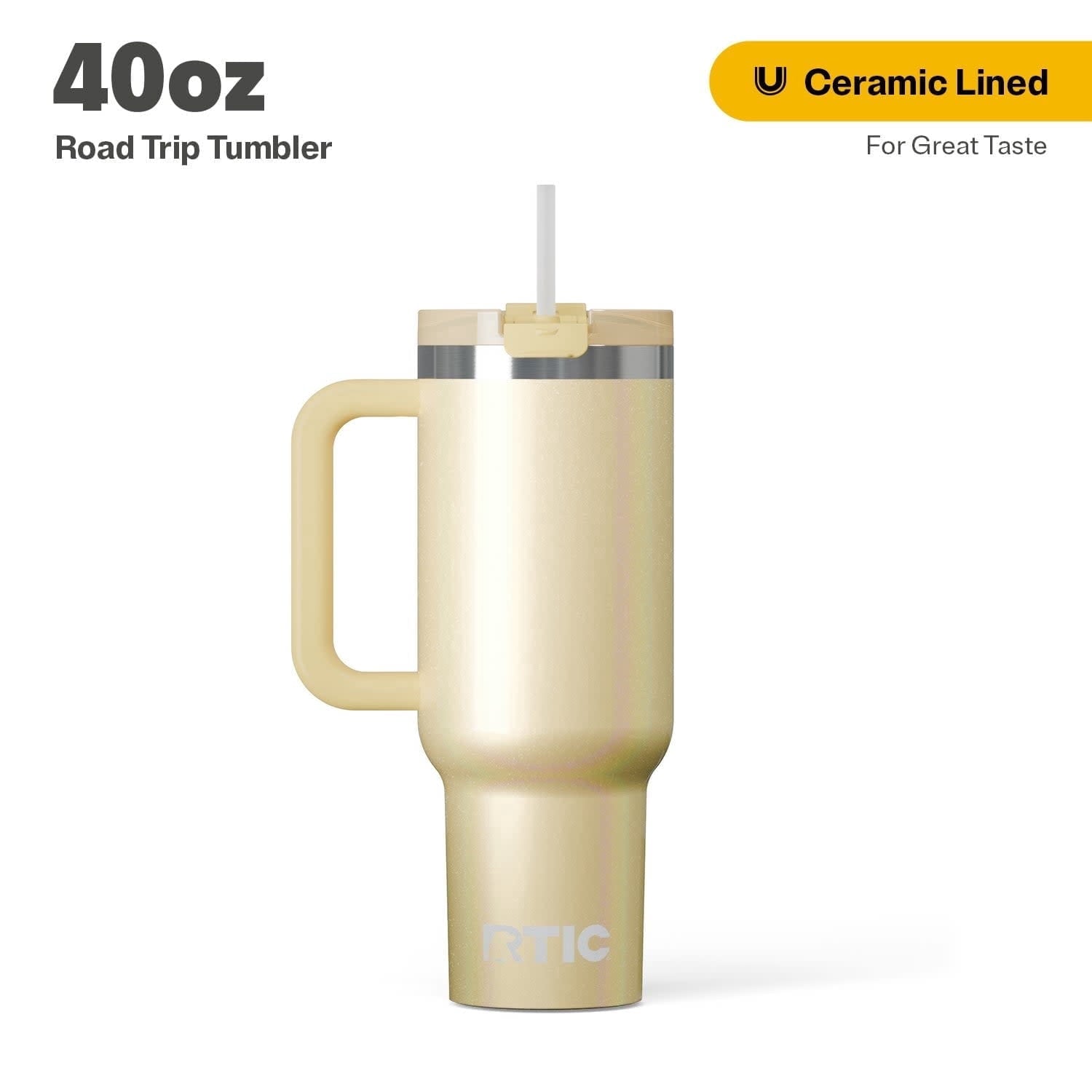 RTIC 40 oz Ceramic Lined Road Trip Tumbler with Handle and Leak-Resistant Straw Lid, White Glitter - Tumbler