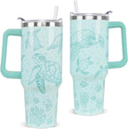 Sea Turtle Tumbler with Handle and Straw 40 oz Turtle Cup Hawaiian Ocean Turtles Coffee Travel Mug Stainless Steel Insulated Water Bottle Sea Turtles Stuff Decor Gifts for Women