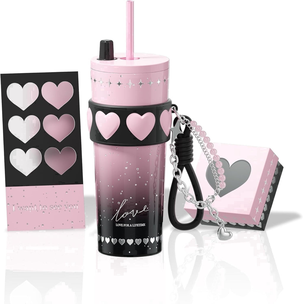 Sidagar 24oz Ceramic Coated Insulated Tumbler with Straw, Gift Travel Mug for Women and Couples, Pink