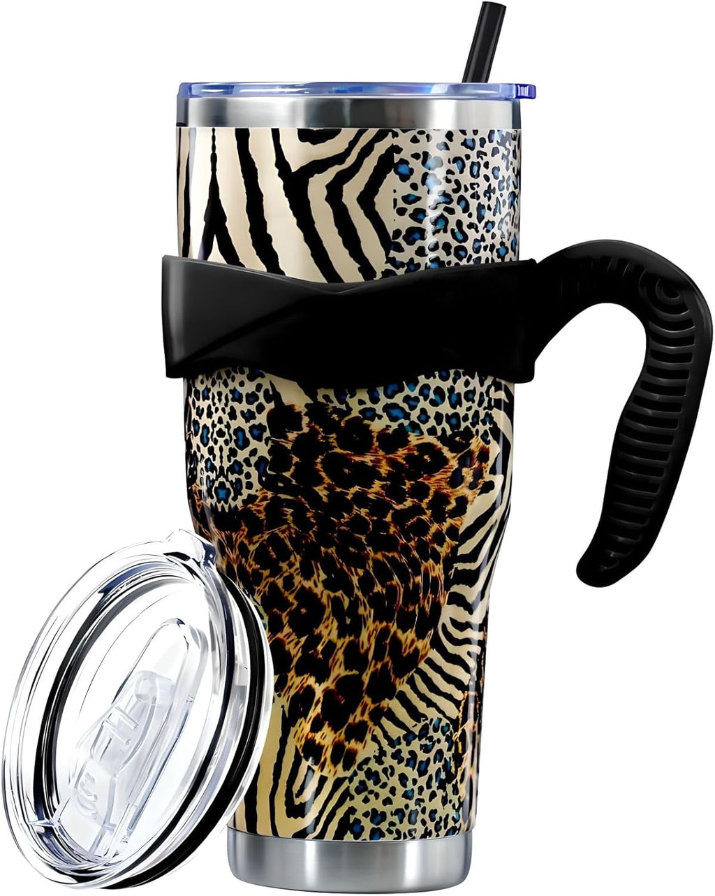Sunmdecor Pink Leopard Print Tumbler with Handle and Silicone Straws - 40 Oz Cheetah Insulated Tumbler - - Tumbler