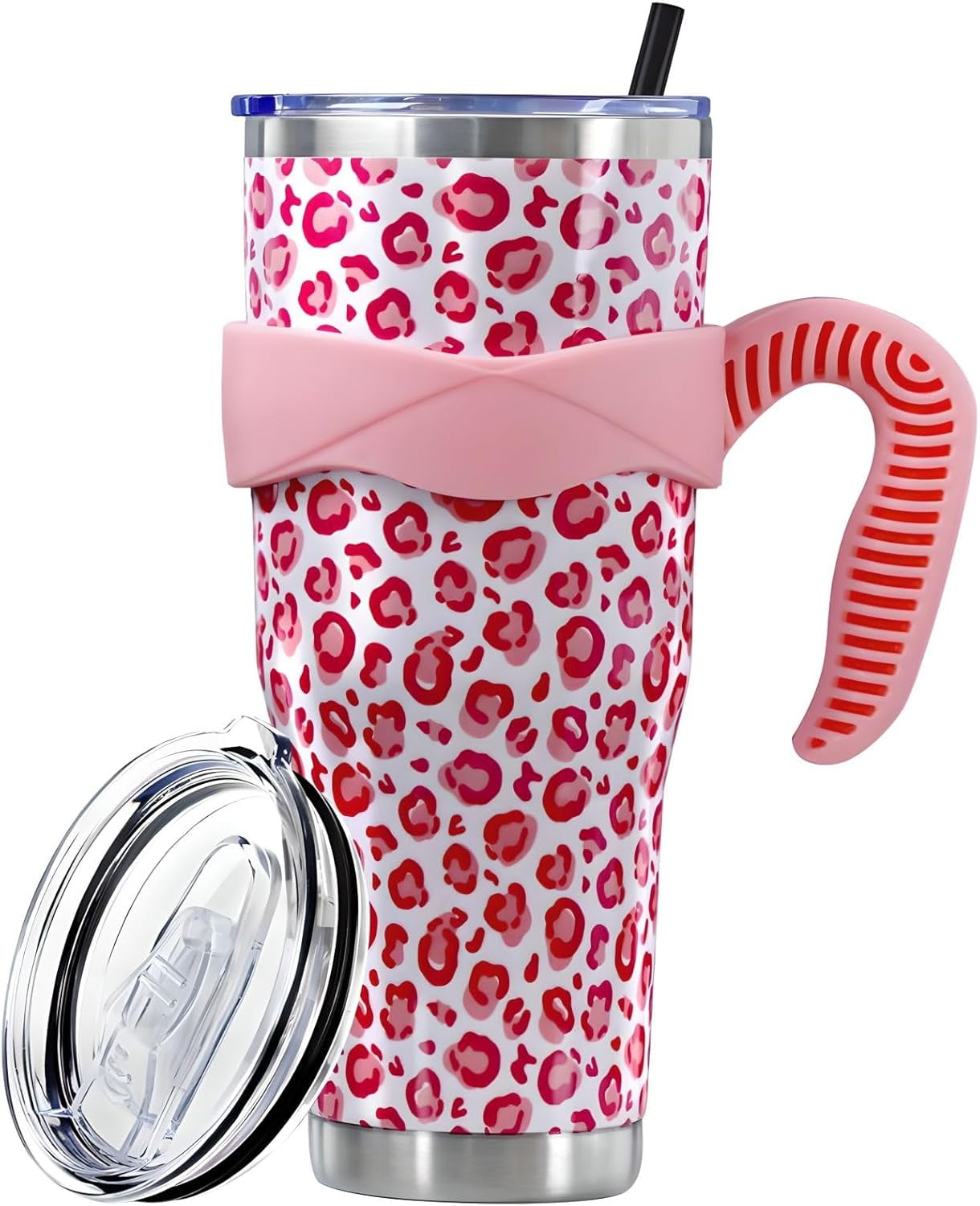 Sunmdecor Pink Leopard Print Tumbler with Handle and Silicone Straws - 40 Oz Cheetah Insulated Tumbler - - Tumbler