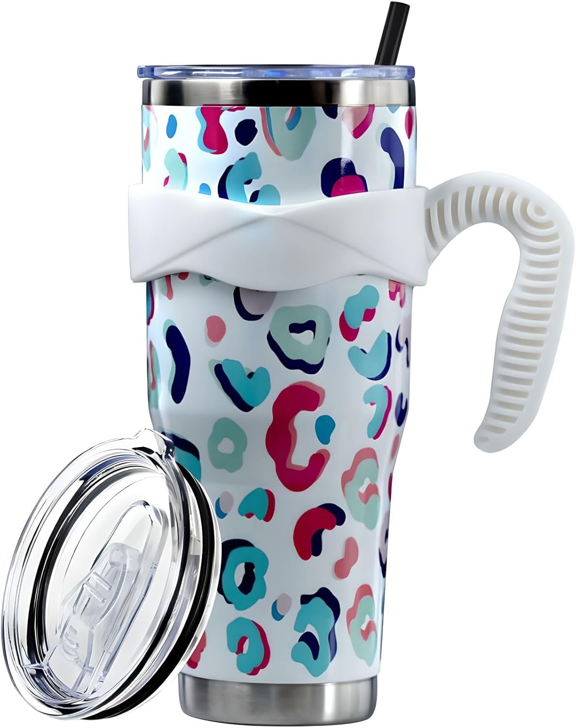 Sunmdecor Pink Leopard Print Tumbler with Handle and Silicone Straws - 40 Oz Cheetah Insulated Tumbler - - Tumbler