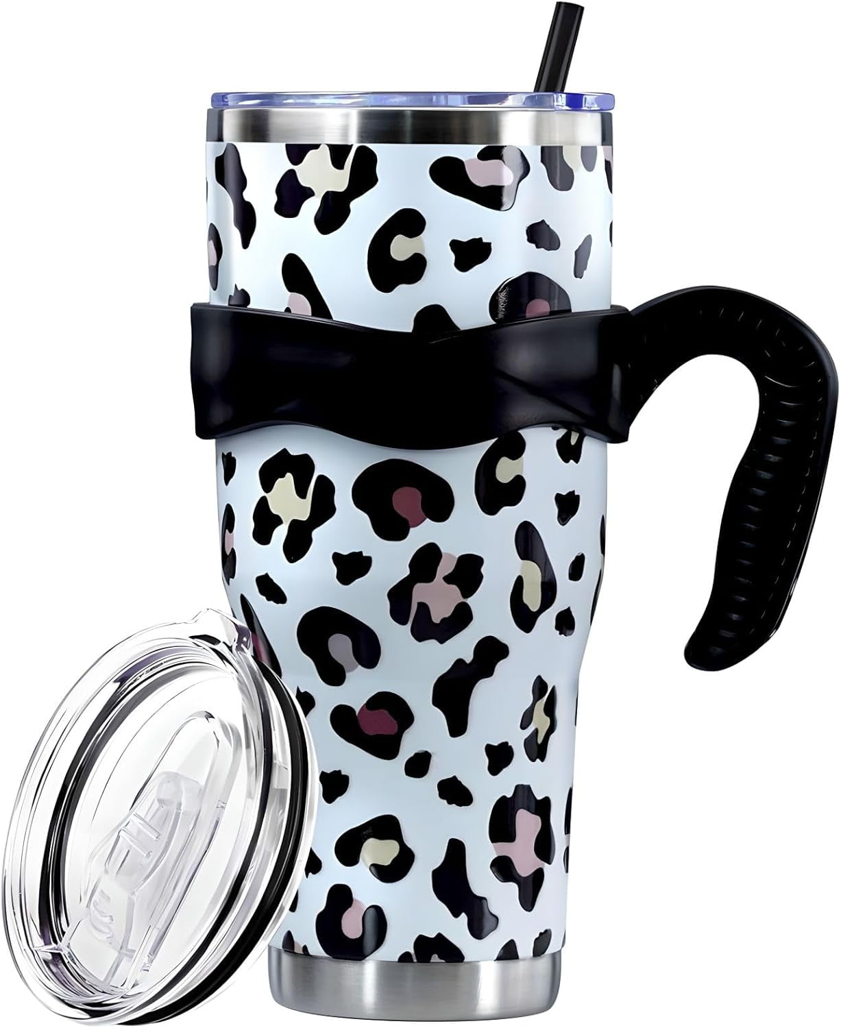 Sunmdecor Pink Leopard Print Tumbler with Handle and Silicone Straws - 40 Oz Cheetah Insulated Tumbler - - Tumbler