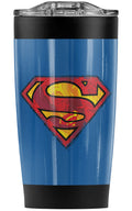 Superman Action Shield Stainless Steel Tumbler 20 oz Coffee Travel Mug/Cup, Vacuum Insulated & Double Wall with Leakproof Sliding Lid | Great for Hot Drinks and Cold Beverages