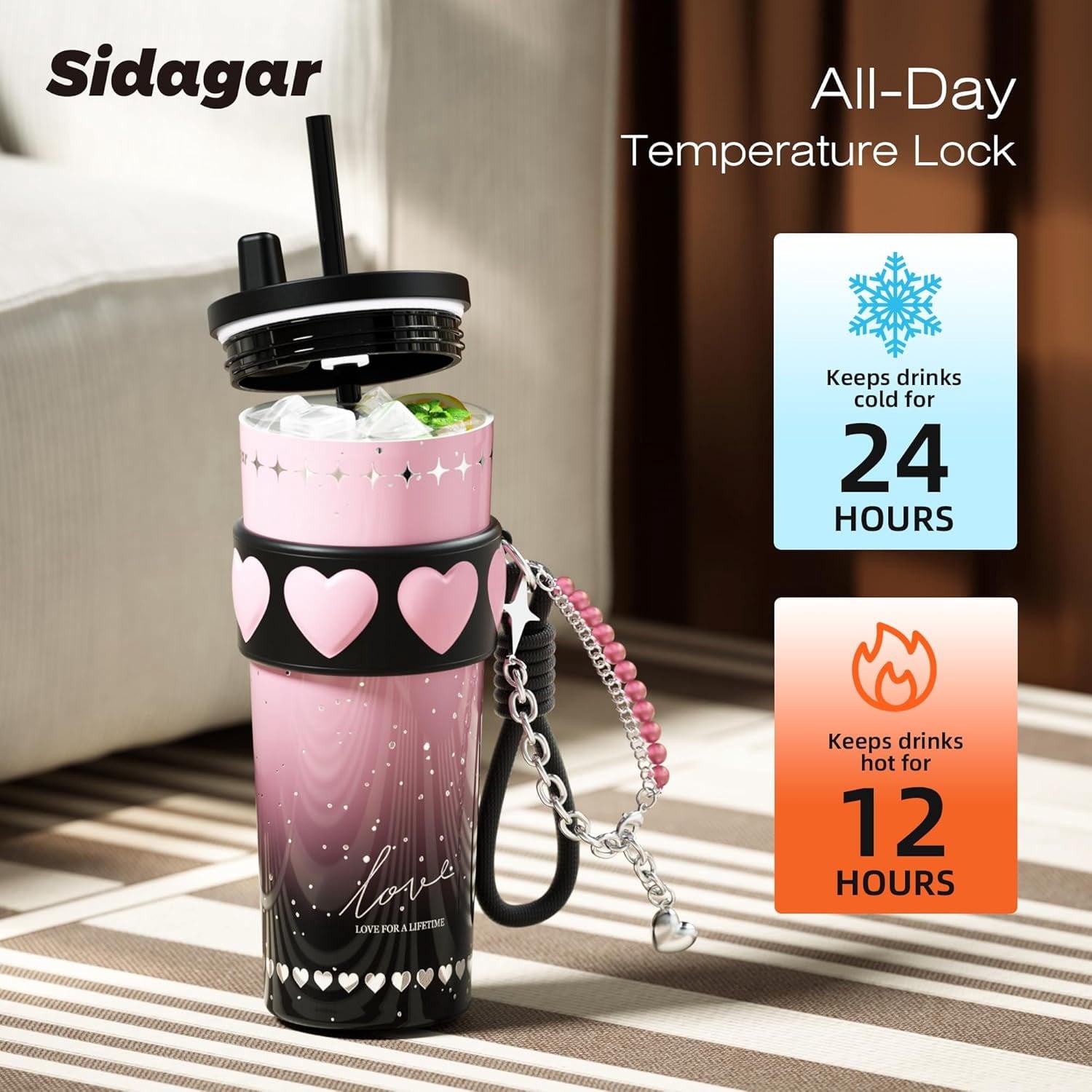 Sidagar 24oz Ceramic Coated Insulated Tumbler with Straw, Gift Travel Mug for Women and Couples, Pink