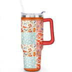 40oz Pioneer Colorful Floral Stainless Steel Flip Straw Tumbler with Lid and Straw Spill Proof Travel Cup Double Wall Vacuum Insulated Coffee Mug with Handle Red