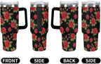 40 oz Insulated Floral Flowers Red Rose Coffee Tumbler with Portable Handle, Stainless Steel Vacuum Travel Mug for Unisex Home, Office Use